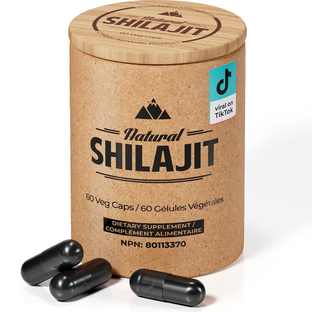 Capsule NATURAL SHILAJIT (2 luni de aprovizionare) - 60 Conte - Shilaj pentru bărbați și femei cu acid fuzilic și minerale Trace, Nutrienți pe bază de plante pentru energie, Suport imun și Vitalitate