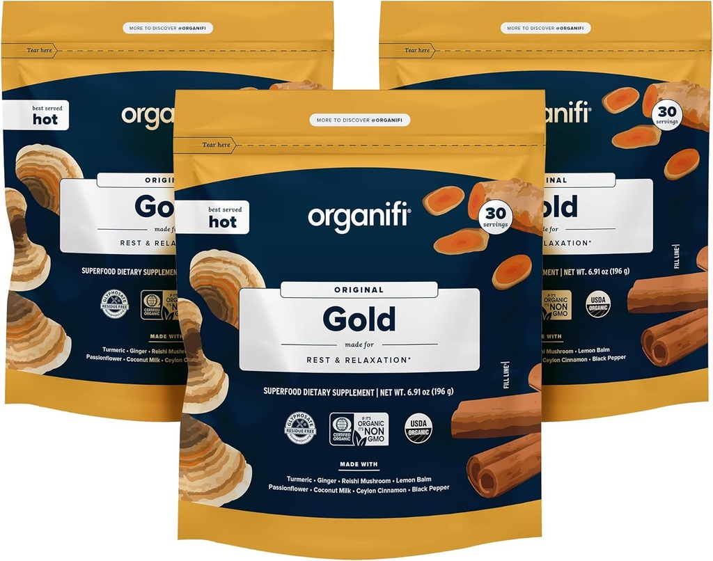 Organifi: Aur - Superfood Supplement Powder- 90 Servings (3 ambalaj) - Suport de stres, Odihnă mai bună, Relaxare și promovează somn odihnitor - Turmeric și Reishi Infuzat