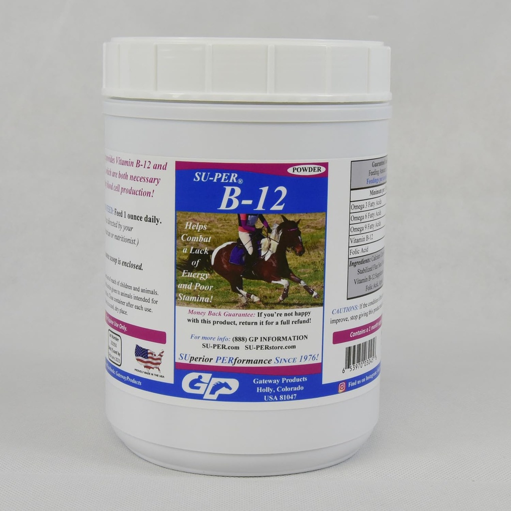 SU-PER B12 pentru cai - Vitamine equine B-12 & B-9 Pulbere suport acid folic - Suplimentul cailor energetic - 2,5 Lire, (2 ambalaj)