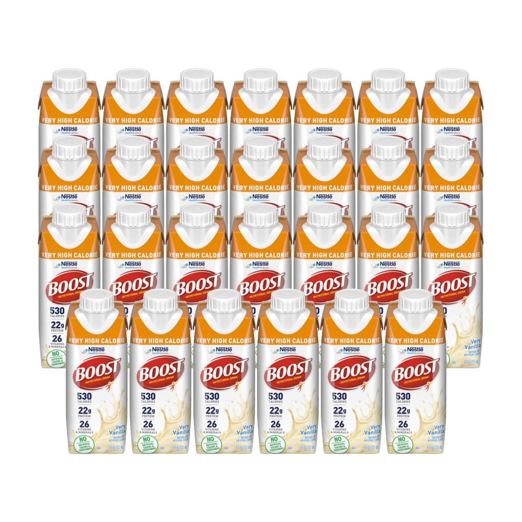 Boost foarte mare Calorie Nutritional Drink, foarte vanilie - Fără culori artificiale sau îndulcitori - 8 FL OZ (Pachet de 27)