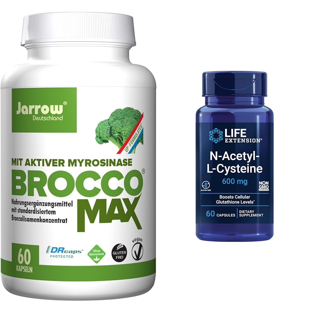 Jarrow BroccoMax Sulforaphane Generator și Life Extension N-Acetyl-L-Cysteine Immune & Respirational Support Bundle, 60 Conte Fiecare