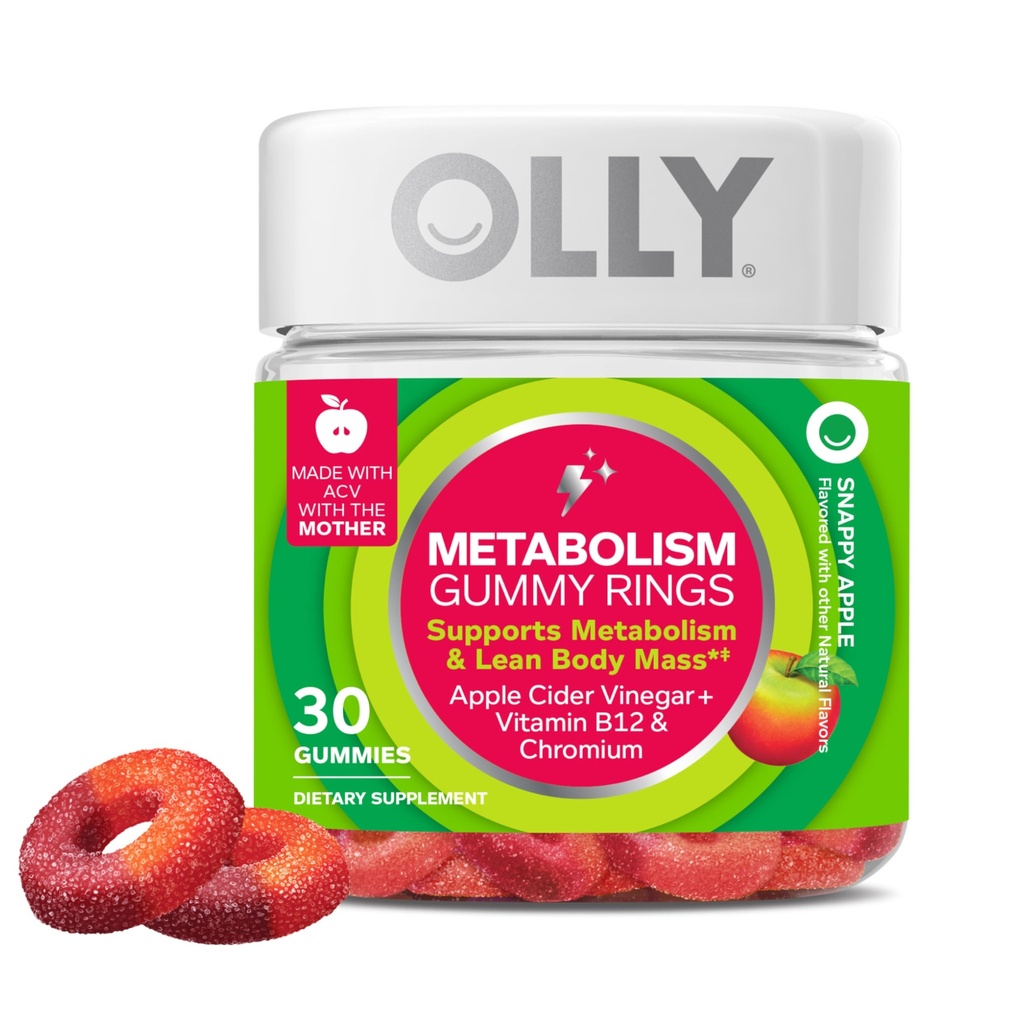 OLLY Metabolism Gummy Inele, Oţet de cidru de mere, Vitamina B12, Crom, Energie şi Digestive Health, Supliment masticabil, Aroma de mere - 30 Conte