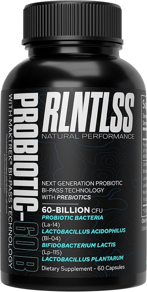 RLNTLS - Probiotic 60 Miliarde CFU - 4 Strain Blend - Premium Supplement - Bărbaţi şi femei - Perioada de valabilitate Capsule Probiotice stabile - Probiotice şi prebiotice - (60 Conte Bottle)