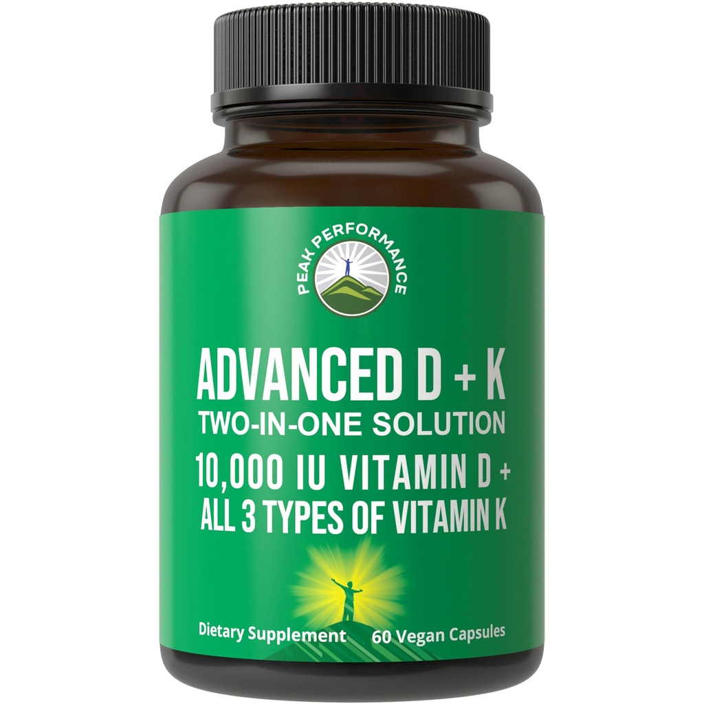Performanţă maximă Advanced Vitamina D 10000 UI cu toate cele 3 tipuri de vitamina K - 10000 Vitamina D3 şi vitamina K2, K1, MK-7 (MK7), Suplimentul capsulelor MK4 - 60 Pastile mici şi uşor de înghiţit