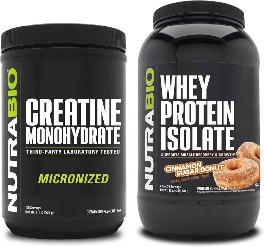 NutraBio Creatina Monohidrat, Nearomate, 500g și Whey Proteine Izolat, Scorțișoară zahăr gogoși, Supliment Bundle - Energie musculară, Lean musculare creștere, recuperare, și puterea
