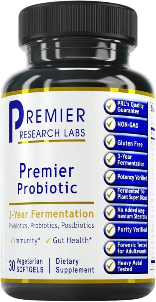 Premier Research Labs Premier Probiotic - Pre Pro Post Biotics for Women & Men, Quad Biotic, Quadbiotic, Prebiotice, Probiotice, Postbiotice si Fitobiotice - 30 Vegetarian Softgel Capsule