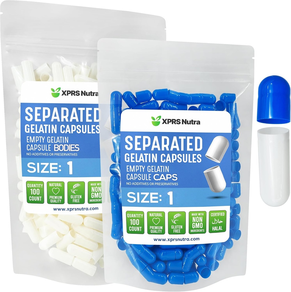 XPRS Nutra Dimensiune 1 Capsule separate Gelatină - 100 capsule cu pilulă goală separate în pungi - Pastile goale pentru umplerea suplimentară a DIY (alb/alb)