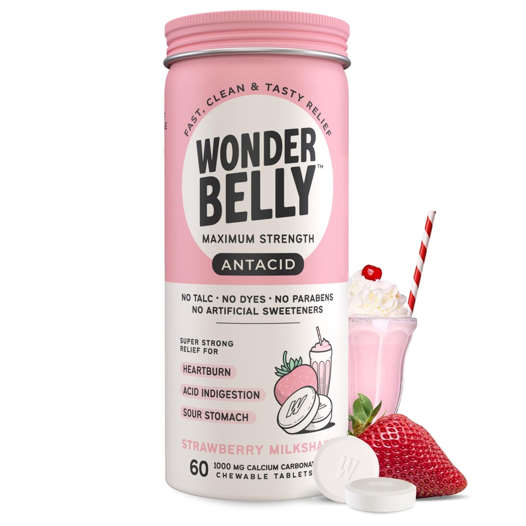 Wonderbelly Antiacid, eficient Arsuri la stomac și acid instant Indigestie Relief, extra Putere Tablete masticabile, 1000 mg carbonat de calciu, Talc sau Dye, căpșuni Milkshake, 60 Conte