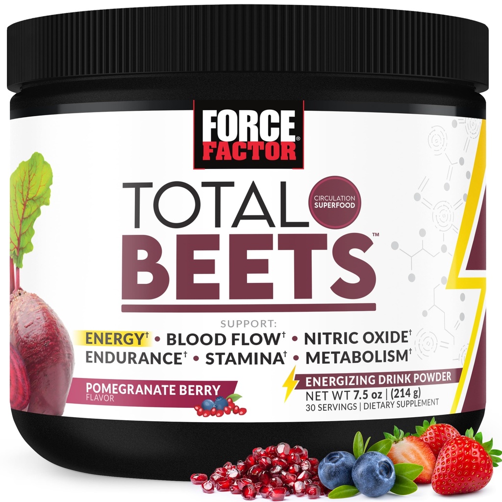 Force Factor Total Beets Energetic Drink Mix, Superfood Beet Root Powder cu nitraţi pentru a stimula energia şi susţinerea circulaţiei, fluxul sanguin, oxid de azot şi rezistenţă, Heart Health Supplement, 30 Servings