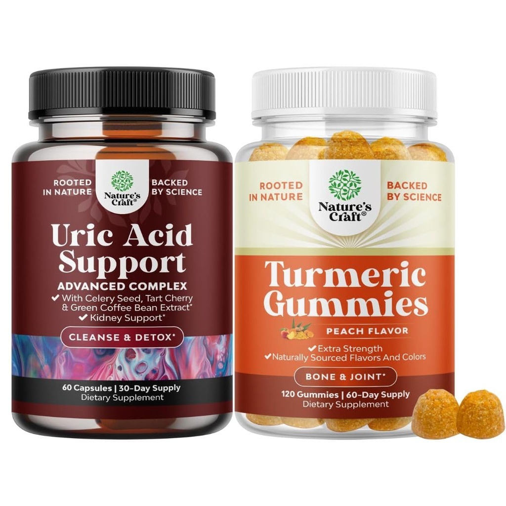 Natures Craft Bundle de Vegan Uric Acid Cleanse și dezintoxicare pentru bărbați și femei articulații Rinichi și mai mult și gume turcești pentru adulți aroma de piersici - Extra Putere comun de sprijin gume