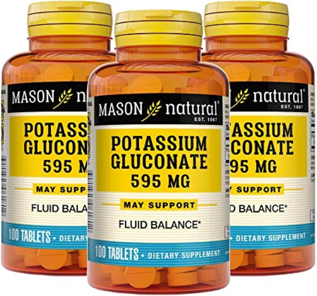 Mason natural Potasiu Gluconat 595 mg, 300 zile de aprovizionare, 100 comprimate (pachet de 3)