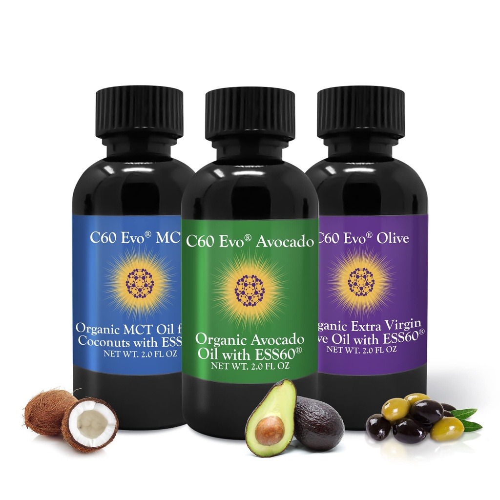 C60 Evo uleiuri comestibile toate-naturale, Mini Oil Sampler Set cu C60 ESS60 pur, Suport Immun și Supliment de sprijin comun cu ulei de măsline, ulei de avocado și ulei de cocos MCT, Set de 3, 2 oz