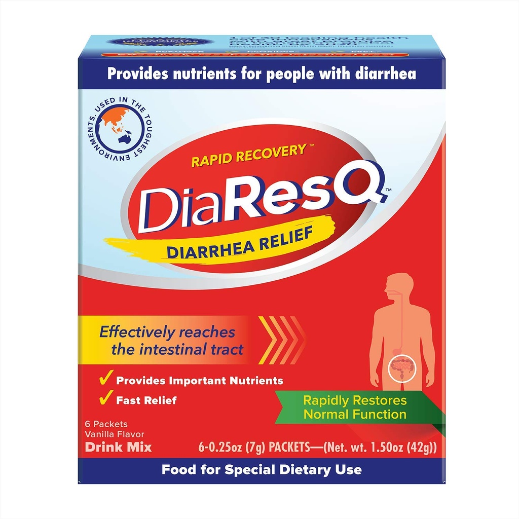 DiaResQ Diaree şi suport imun Mix de băuturi colostrum pentru adulţi, 6 CT, recuperare rapidă, ajută la restabilirea funcţiei intestinale normale, aroma de vanilie