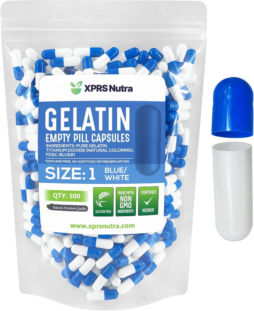 XPRS Nutra Dimensiune 1 Capsule goale - 500 Capsule gelatinoase goale - Capsulele cu pilulă DIY Umplere - Capace de gel cu pilulă bovină pură pentru a vă face singur suplimente (alb/alb)