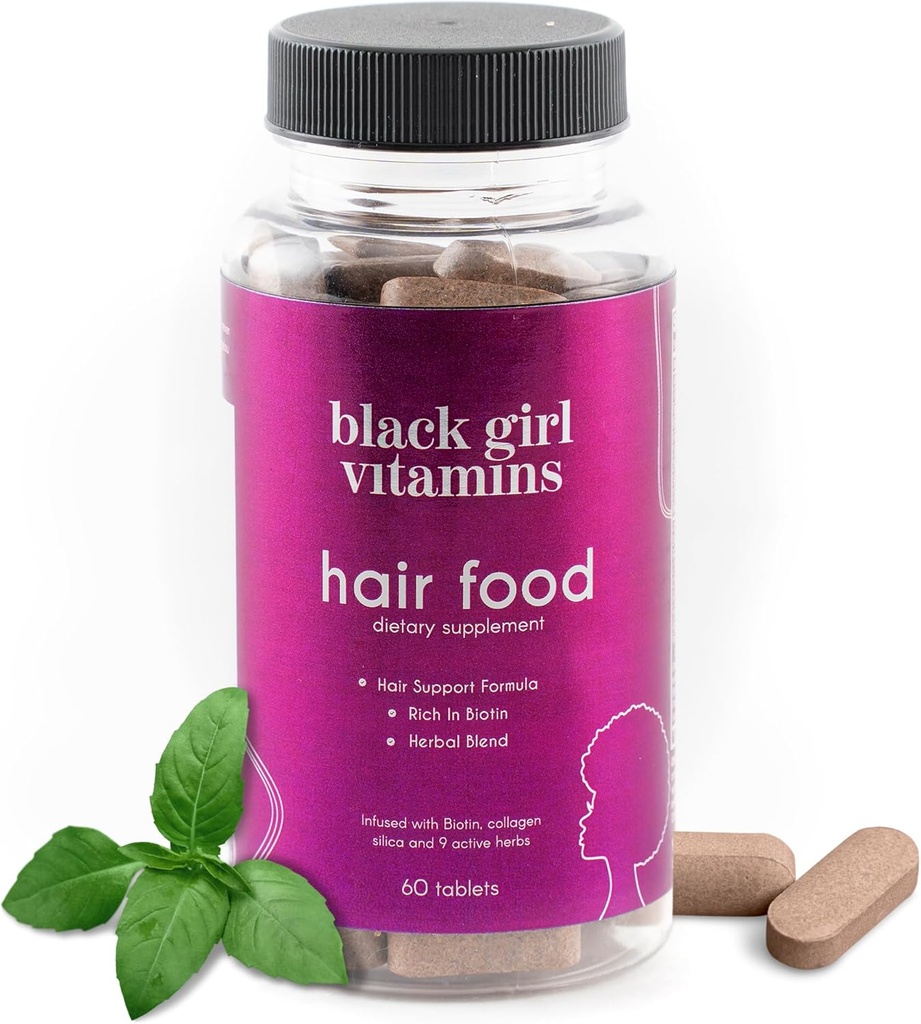 Black Girl Vitamine - Hair Food Biotin Supliment cu Colagen pentru suport de creștere a părului, Vegan, Gluten-Free, 60ct