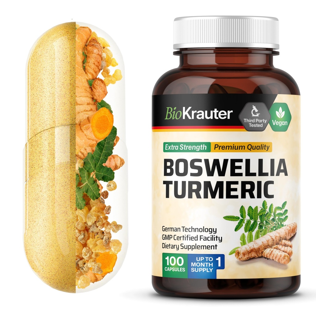 BIO KRAUTER Supliment Turmeric cu capsule de extract Boswellia - 2000 mg Blend - 100 Conte - Vegan Boswellia Turmeric (Curcumin) - Formula w/Black Pepper