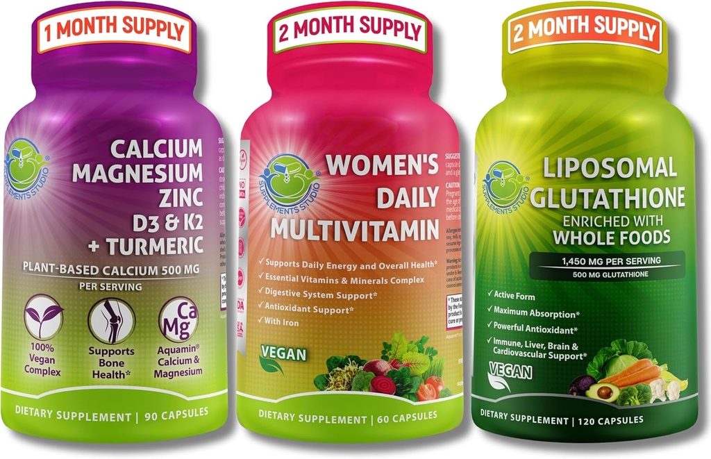 Femeie: Multivitamine, Calciu si Liposomal Glutatione Trio - Calciu pe bază de plante, Magneziu, Zinc, D3, K2 & Turmeric + Femei