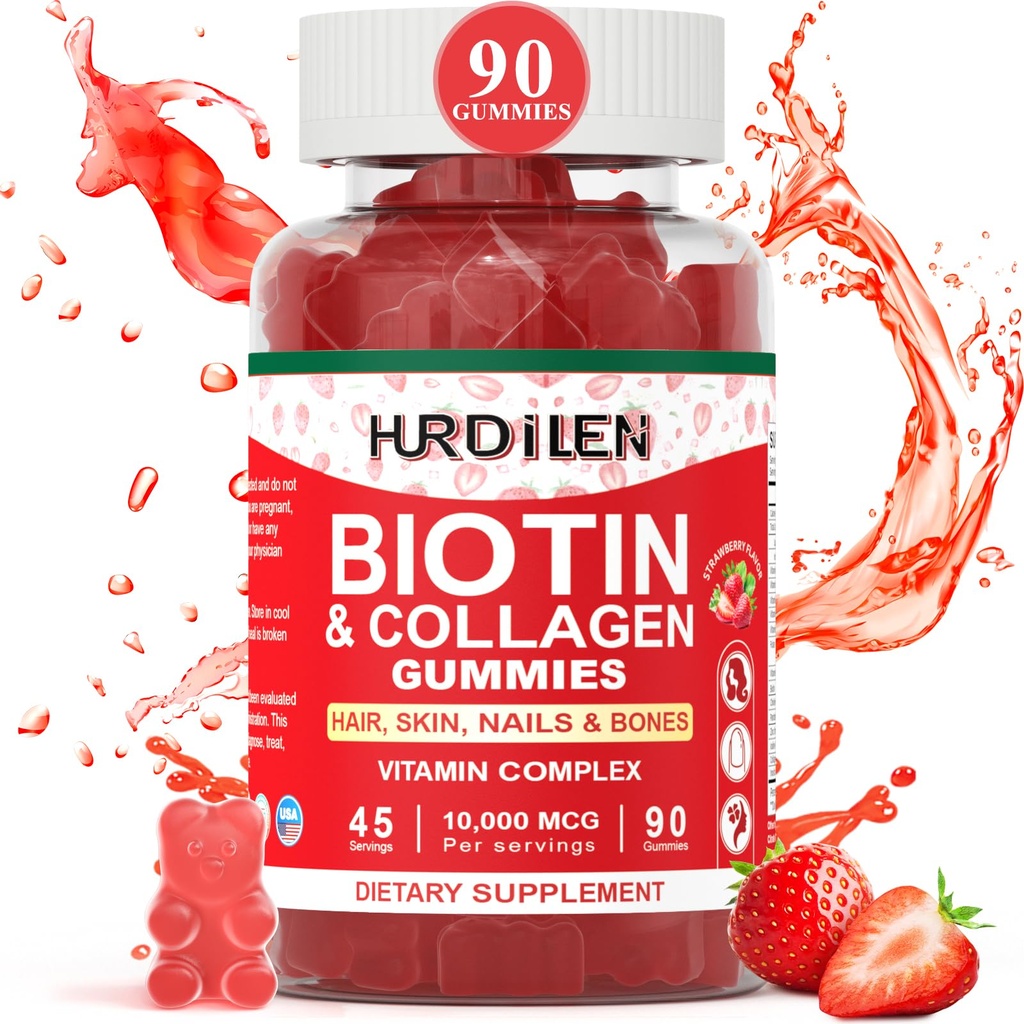 Pielea parului si unghii Gummies, 10000mcg Biotin Colagen Gume pentru femei si barbati, Suplimente vitamine sustine cresterea mai rapida a parului, unghii mai puternice, piele sanatoasa, rezistenta osoasa, 90 gume