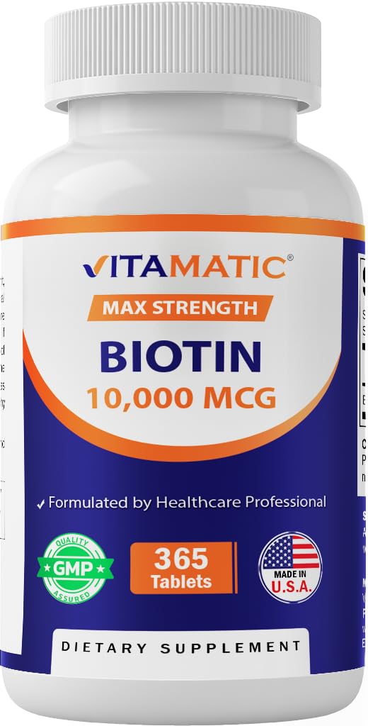 Vitamatic Biotin 10000 mcg (10 mg) pentru păr mai puternic, piele & unghii - 365 comprimate Vegan- de asemenea, numit vitamina B7