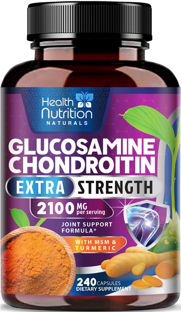 Glucosamină Chondroitin 2100mg - 3X Supliment de suport comun de putere cu MSM, Glucosamine sulfate, Turmeric, Boswellia, Querbetin pentru cartilage, flexibilitate și mobilitate, îmbuteliat în Statele Unite ale Americii, 240 capsule