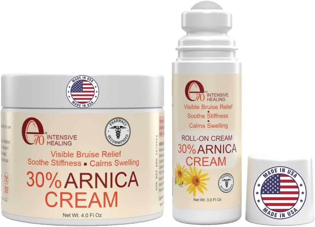Arnica Cream & Arnica Gel Roll-On 2PK pentru vânătăi și inflamații, Soothe Sore Muschi și articulații cu vitamina K, 30% Arnica Montana, Acid hialuronic și L-Arginină