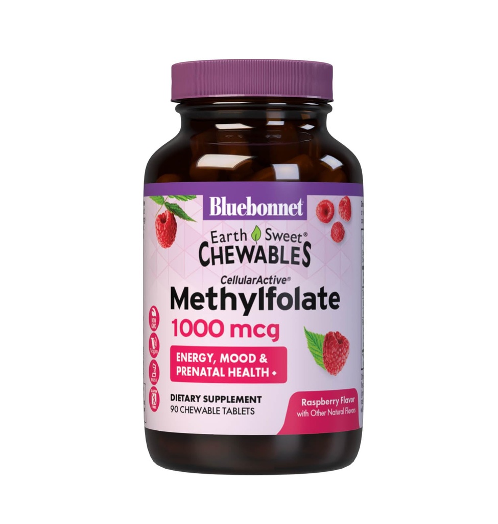 Bluebonnet EarthSweet Methylfolate 1000 mcg Celular Active Coenzime 5-MTHF L Folate Supliment - Prenatal & Energy Support - Non-GMO, Vegan, Gluten-Free - Zmeură - 90 comprimate masticabile