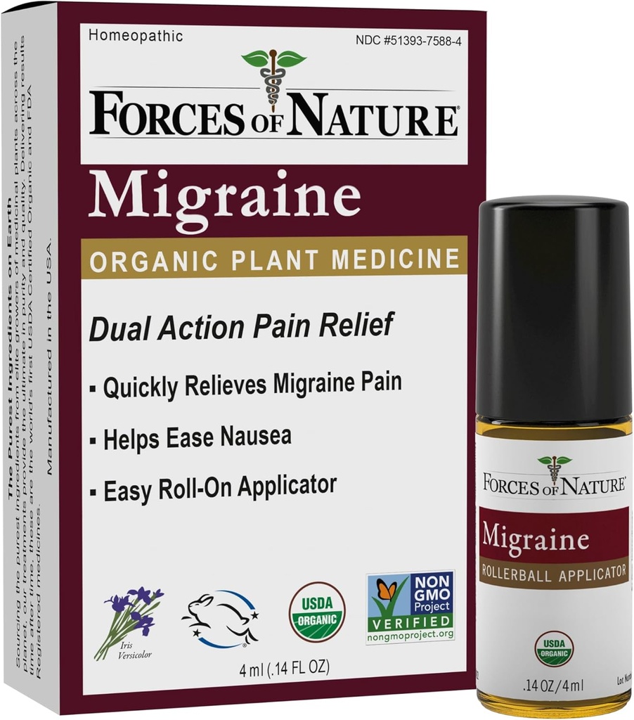 Forţele naturii naturale, Migrene Organice Pain Relief Topical Roll-on, Suporte Prodrome, Aura, Cefalee, Oboseală, Sensibilitate uşoară şi acustică, Greaţă asociată cu Migraine, Non-GMO, 0.14 Fl Oz