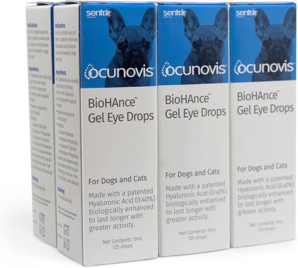 Sentrx - picături de ochi Ocunovis Gel pentru câini și pisici cu ochi uscaţi, picături de ochi Cat Hidratare și Dog cu acid hialuronic, lacrimi artificiale non-bluring și non-stinging, 5 ml, 6 Pack