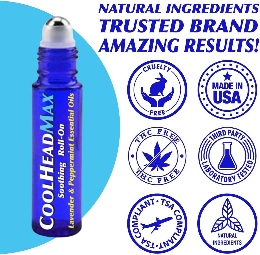 CoolHead Max Roll On, Mentă naturală Essential Oil Migrene Relief, Suport pentru dureri de cap Roller, Răcire rapidă Confort pentru cap, 3 Pack