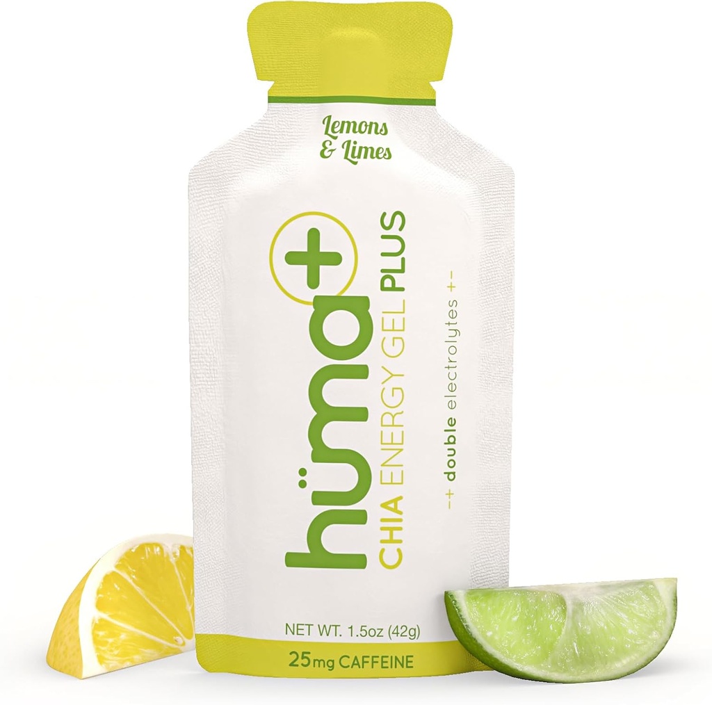 Huma Plus (Double Electrolytes) - Chia Energy Gel, Lămâie, 12 Geluri, 25mg Cafeina - Stomac prietenos, Geluri alimentare reale
