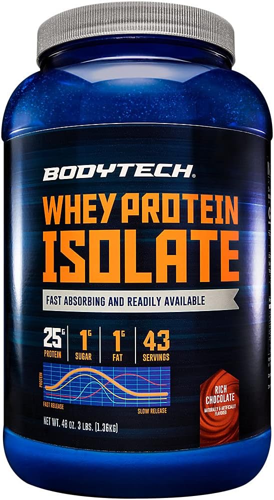 BODYTECH Whey Protein Isolate Powder - Rich Chocolate Flavor - Premium Protein Supplement for Muscle Growth and Recovery - Low Carb and High Protein Formula for Performance (3 lbs/ 43 Servings)