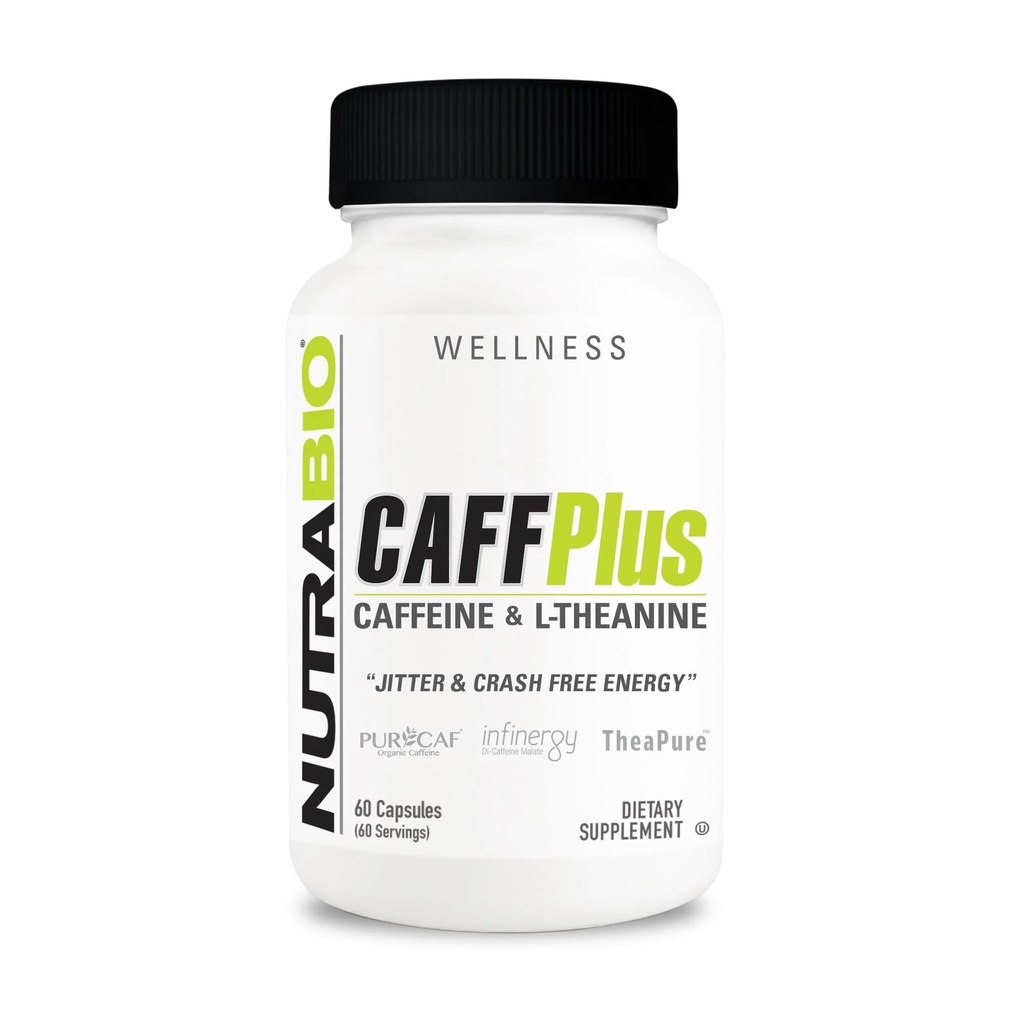 NutraBio CafflePlus, Dual Source Caffeine cu Theanin pentru energie sănătoasă Boost - 60 capsule vegetale
