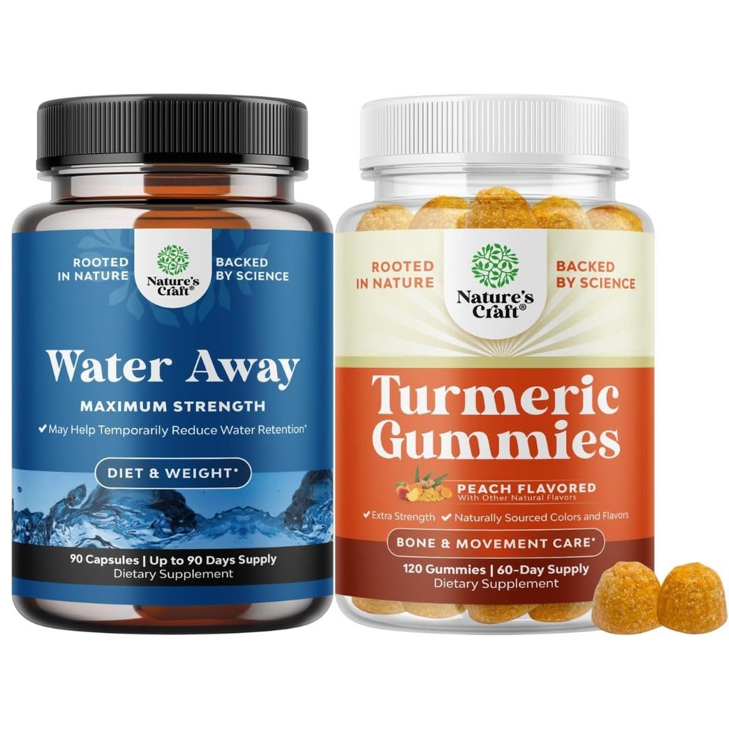 Bundle of Water Away Fluid Retention with Dandelion Leaf Extract & Green Tea for Bloating Relief and Turmeric Gummies for Adulti Peach Flavor - Turmeric Curcumin with Black Pepper Extract and Ginger