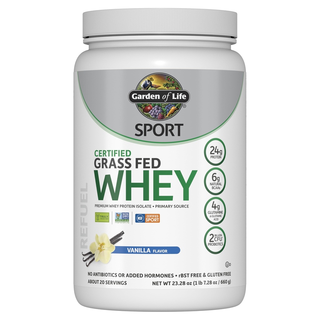 Gradina de viata SPORT Whey Praf de proteine Vanilie, Gras Premium Fed Whey Proteina Izolat plus Probiotice pentru sistemul imunitar Sănătate, 24g Proteina, Non OMG, Gluten Free, Rece Procesat - 20 Serviri