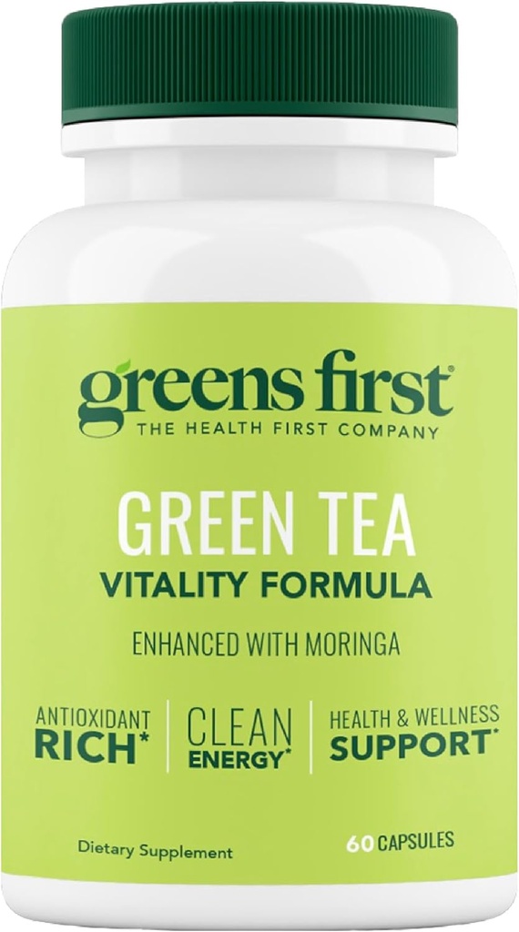Greens First Green Tea Vitality Formula - îmbunătățit cu Moringa - Antioxidant-Rich pentru energie curată - Vegan & Gluten-Free - Blend puternic pentru energie și wellness globală (60 capsule)