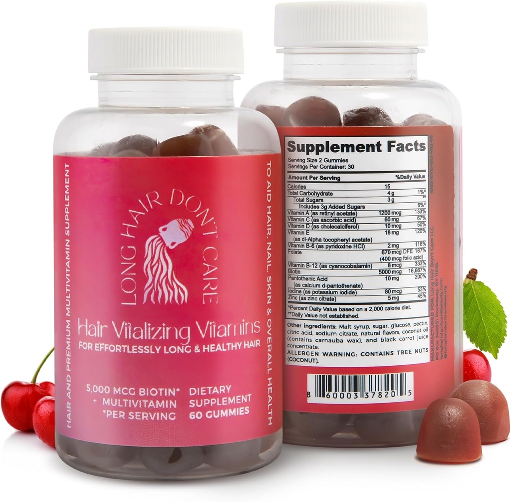 Părul lung Nu-mi pasă Vitalizarea părului Vitamine, Piele de păr și unghii Vitamine, Vitamine pentru femei și bărbați, Acid pantotenic, Acid folic & Gume de mestecat, Vitamine de păr non-GMO, 60 Vitamine de gumă