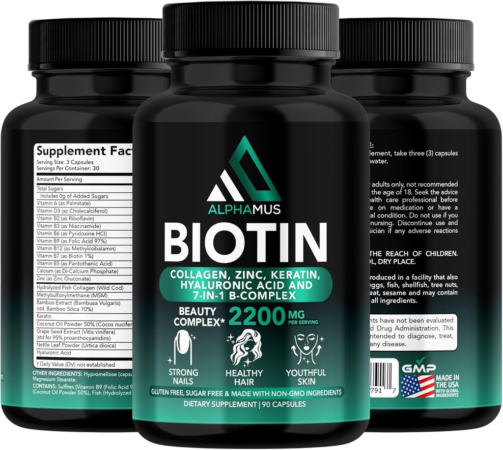 Biotina si suplimentele de colagen cu Keratina - Biotin 5000mcg Capsule pentru cresterea parului, sanatoasa piele si unghii - Amestec optimizat de acid hialuronic si vitamina B Complex pentru femei si barbati, 90 capsule