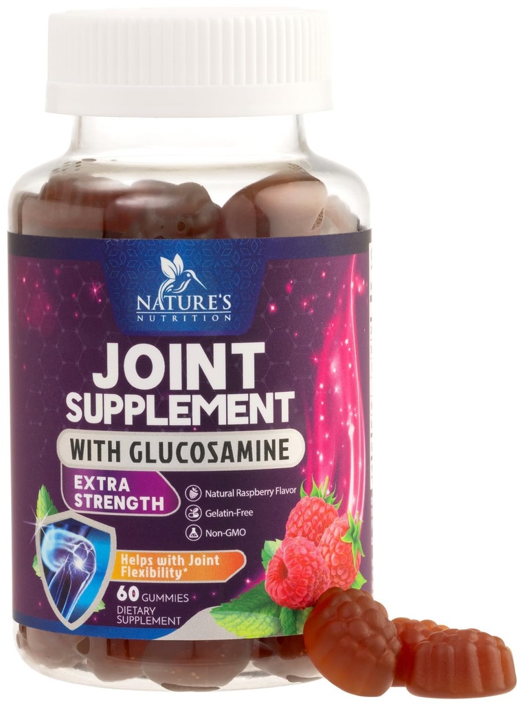 Suport comun Gumies Glucosamine Plus Vitamina E - Suplimentul comun de sprijin al naturii pentru disfort ocazional pentru spate, Genți și mâini - Cartilaj și sprijin comun de sănătate și flexibilitate - 60 Gummies