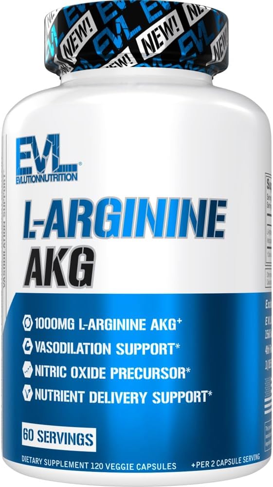 Evlution L-Arginine AKG - Vasodilatation & Nutrient Delivery Support - Nitricoxid Precursor - 1000mg L-Arginine AKG - Gluten Free & non-GMO - Supliment alimentar - 60 Serviri - 120 Capsule vegetale