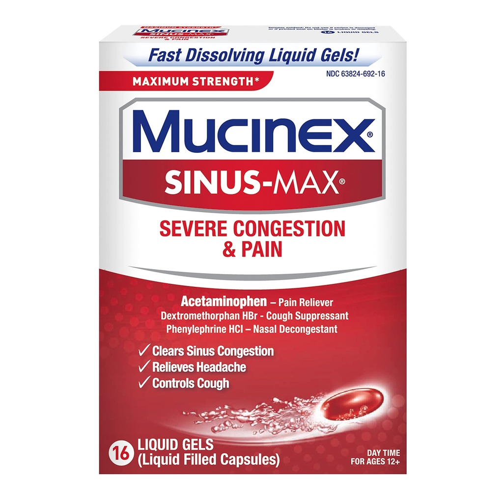 Mucinex Sinus-Max Max Putere Congestionare severă și durere Geluri lichide, 16ct