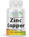 Suplimentul de cupru de zinc (150 capsule) PACIFIC NATURĂ cu 50 mg Gluconat de zinc, 2 mg sulfat de cupru pentru suport imunitar - Gluten gratuit, non-GMO