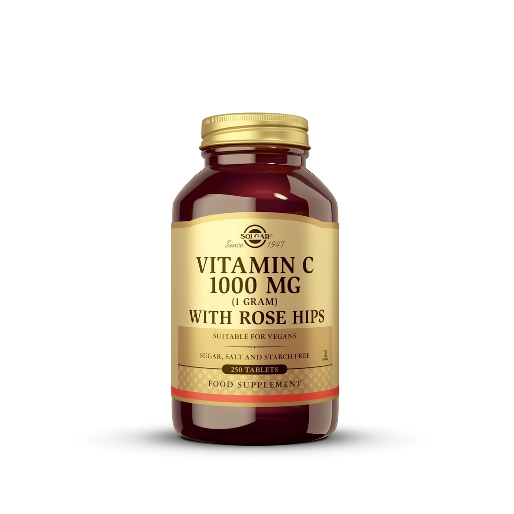 Solgar Vitamina C 1000 mg cu Rose Hips, 250 comprimate - Antioxidant și suport imunitar - Sănătate generală - Sprijină Skin & Joints sănătoase - Non-GMO, Vegan și Kosher - 250 Serviri