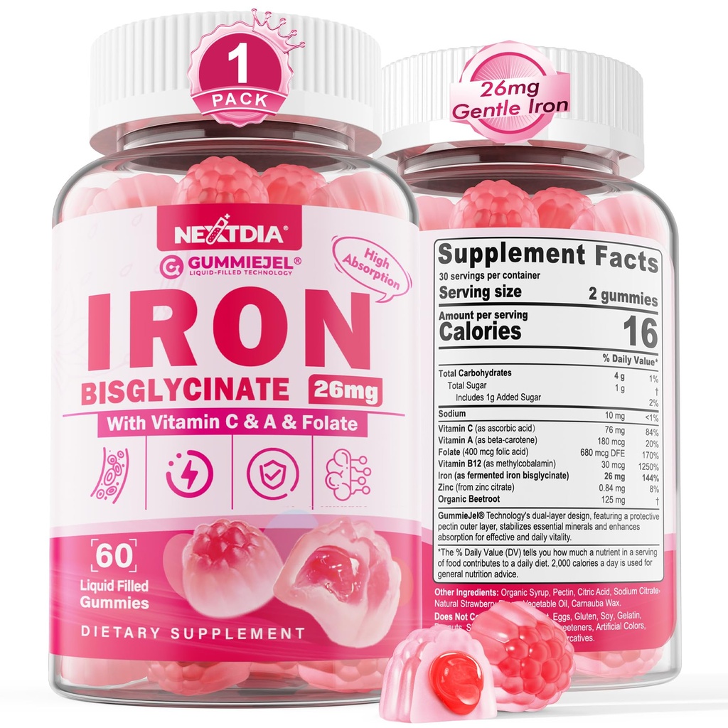 Gume de fier pentru femei si barbati - Bisglicinat de fier cu vitamina C Folate B12 Zinc pentru adulti, fier usor masticabil pentru deficienta de fier, energie Boost, non-consceptare & dupa gust, zahar-free 1 pachet