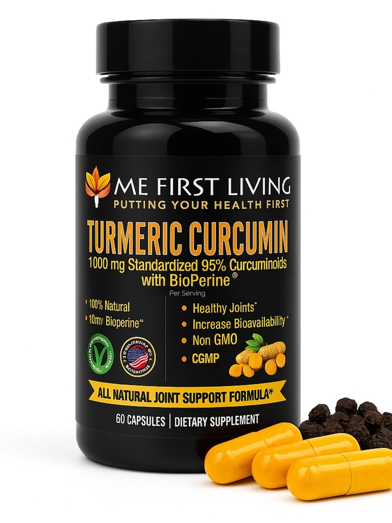 Eu primul curcumin turmeric viu 1000 mg 95% curcuminoide, Bioperine 10 mg, 19x Mai mult potent decât altele, Absorbție crescută, non-GMO, Turmeric organic, Vegan, Gluten gratuit, 60 capsule