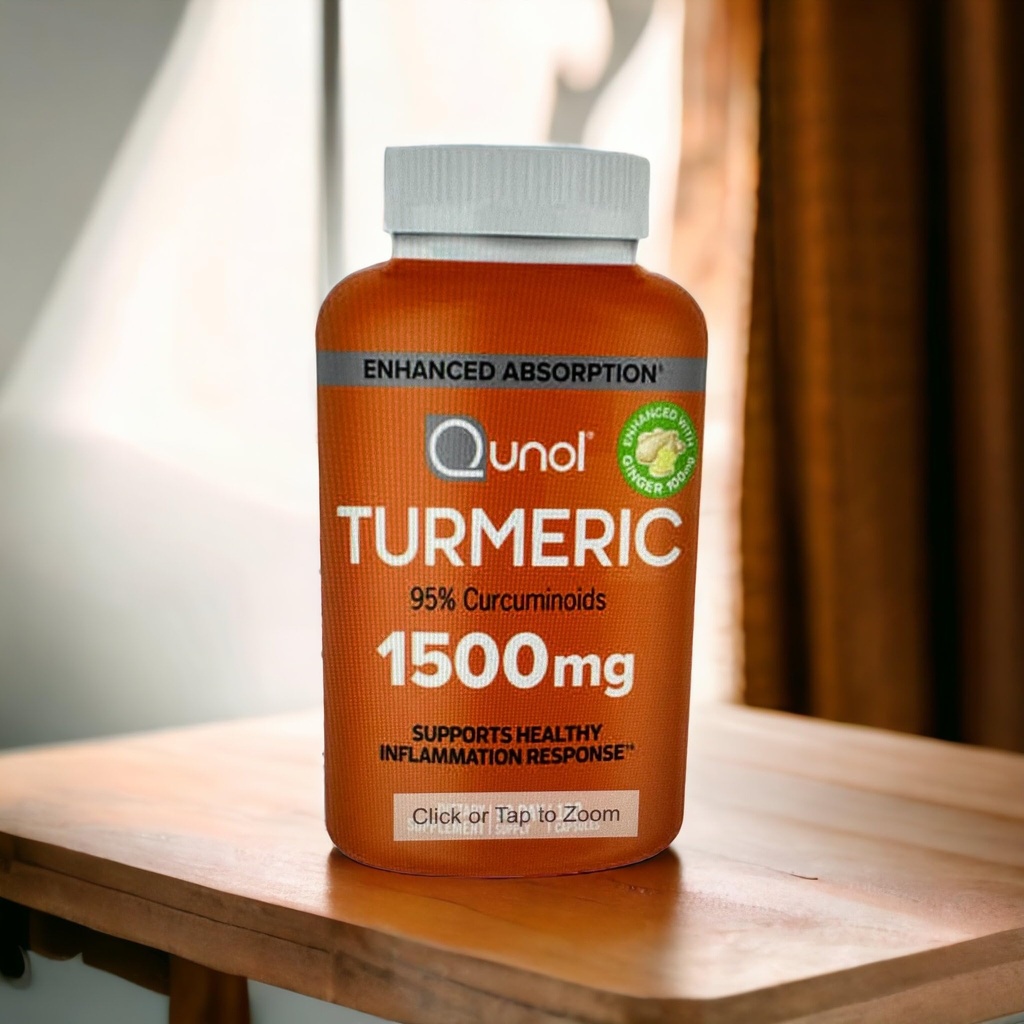 Curcumina turmerica cu Pepper negru și ghimbir, Extract Qunol 1500mg Turmeric cu 95% Curcuminoide, Absorbție îmbunătățită, susține răspuns inflamație sănătoasă, 180 Capsule vegetariene