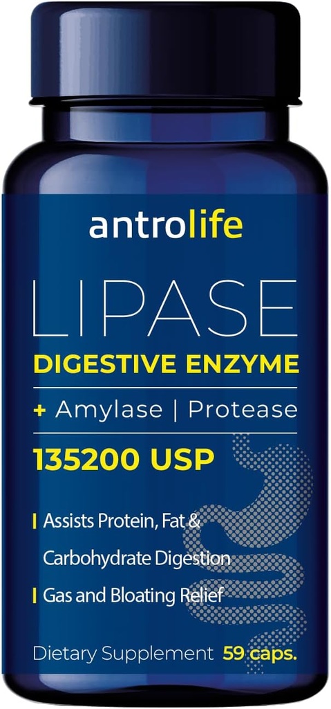 ANTROLIFE Digestive Health Supliment - Enzime cu Lipase Suplimente nutritionale & Amilază pentru Digestive Comfort - Supliment alimentar - 59 Capsule