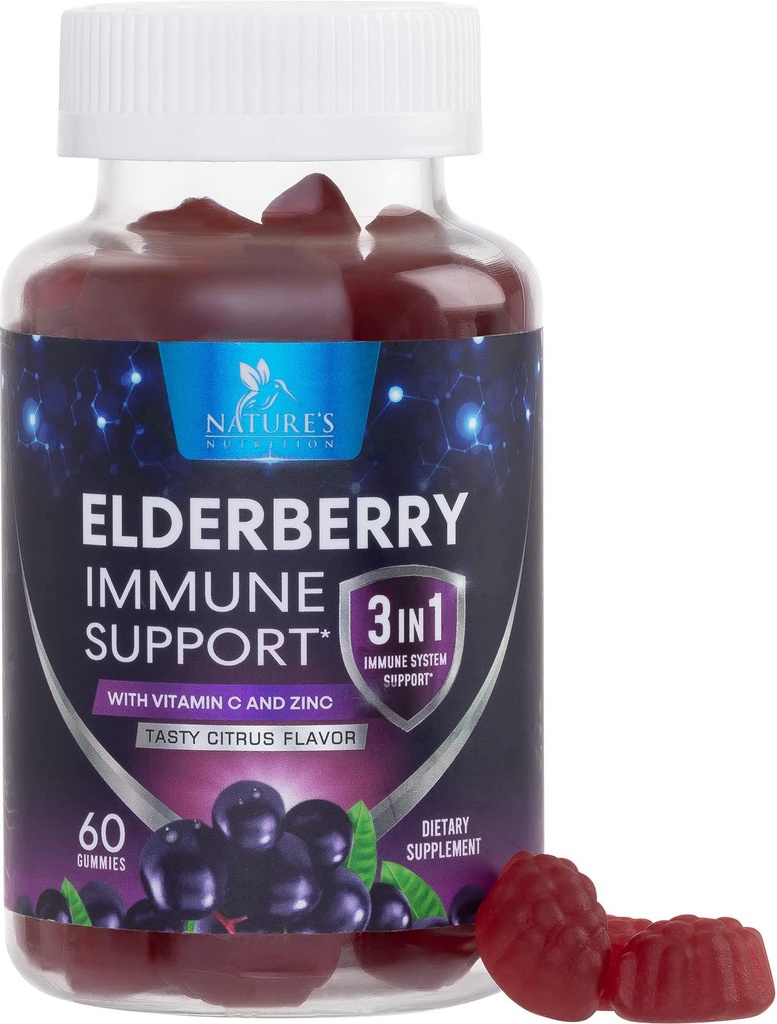 Gume de soc cu vitamina C, D3 si zinc - Suport imun Gummy pentru copii si adulti, Extract negru de soc Gummy Supliment Immune Health Supplement, Negru Elder Berry Vitamina - 60 Gummies