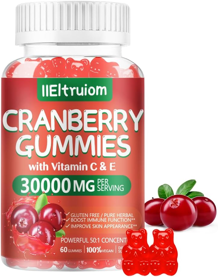 Cranberry Gummies Tract urinar Sănătate pentru femei și bărbați, 50X Concentrat Extrac, Vitamina C & E, Gume de afine pentru femei cu Hibiscus pentru a sprijini imun, 60 de conte