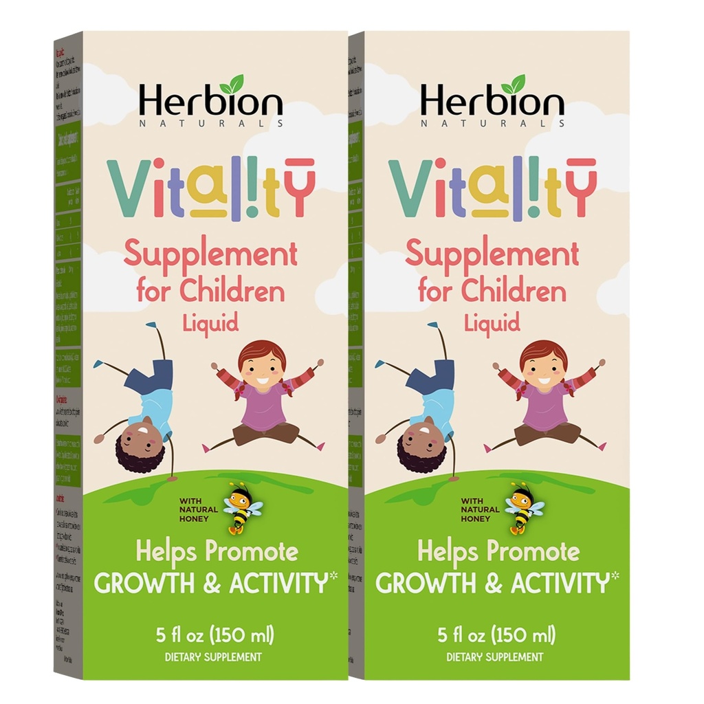 Herbion Naturals Vitality Supplement pentru copii, Promoveaza cresterea si apetitul, linisteste oboseala, imbunatateste performanta mentala si fizica, pentru copii 1 an si peste, 5 Fl Oz (Pachetul de 2)