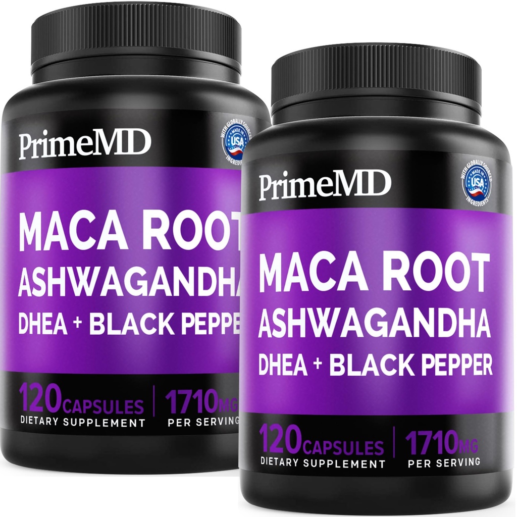 6-in-1 Organic Maca Root Ashwagandha Capsule 1710 mg cu DHEA și extract de fructe de ardei negru pentru femei și bărbați - Black Maca Supliment pentru rezistență, Bone și Mood Supplement, 120ct (Pachet de 2)